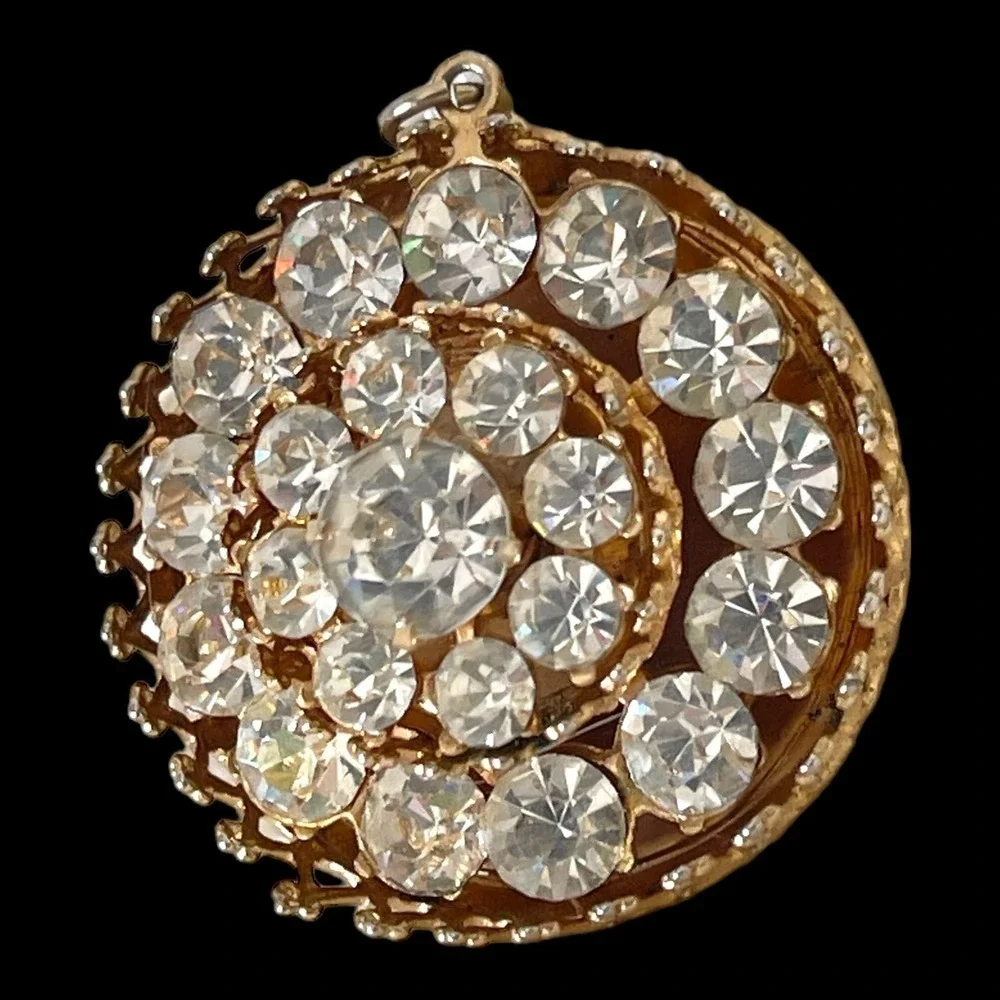 Vintage Round Signed Coro Pendant Layers of Clear Stones Gold-Tone 70s